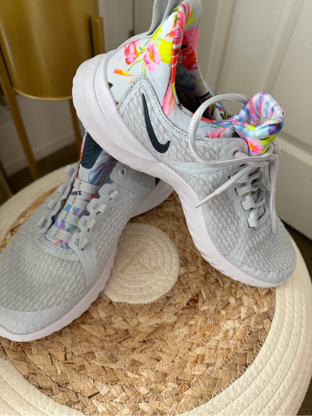Nike Women's Light Gray Sneakers with Multicolor Floral Lining